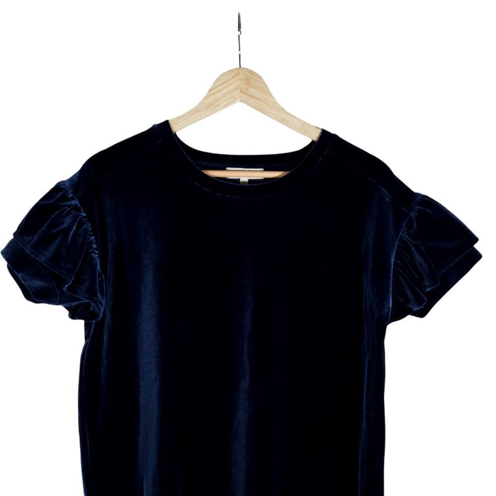 Madewell Womens Tee XXS Dark Blue Velvet Short Ruffle Sleeve Crew Neck Chic Top - Picture 4 of 12